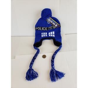 New Doctor Who Tardis Police Box Knit Hat Laplander Beanie Pom Pom, adult